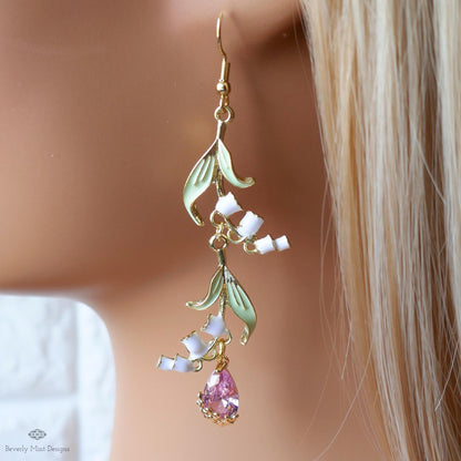 Lily of the Valley Earrings Gold Drop Earrings with Pink Teardrop ,Botanical Bridal Jewelry Nature Inspired, Sensitive Ear & Clip-On Options