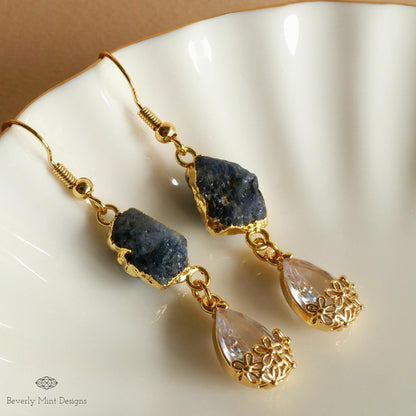 Sapphire Raw Stone Earrings with CZ, 18K Gold Birthstone Jewelry, Raw Stone Earrings, Chakra, Sensitive Ear & Clip-On Options