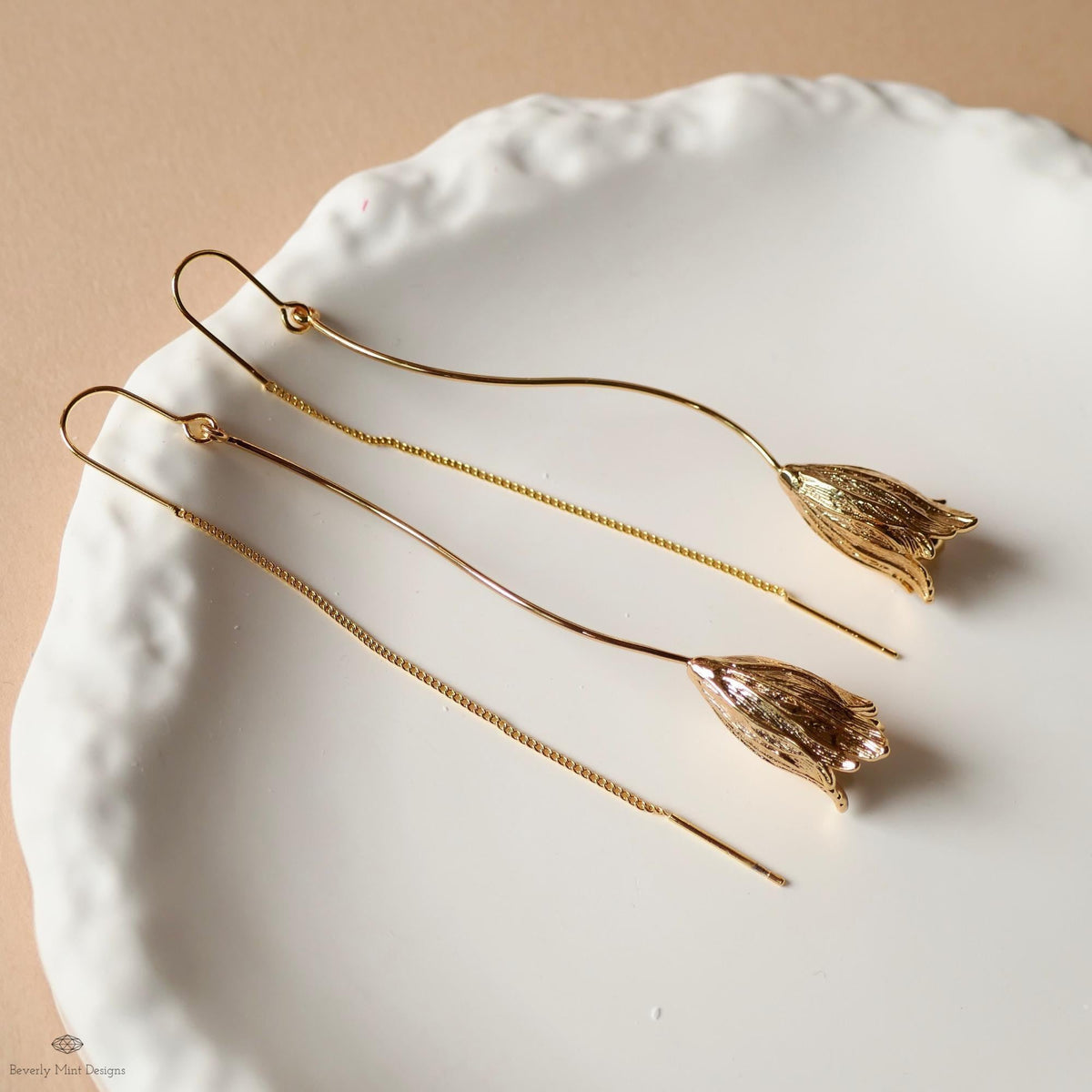 Gold Tulip Drop Earrings Floral Long Dangle Earrings Lightweight Threader Earrings Modern Botanical Jewelry Gift for Her