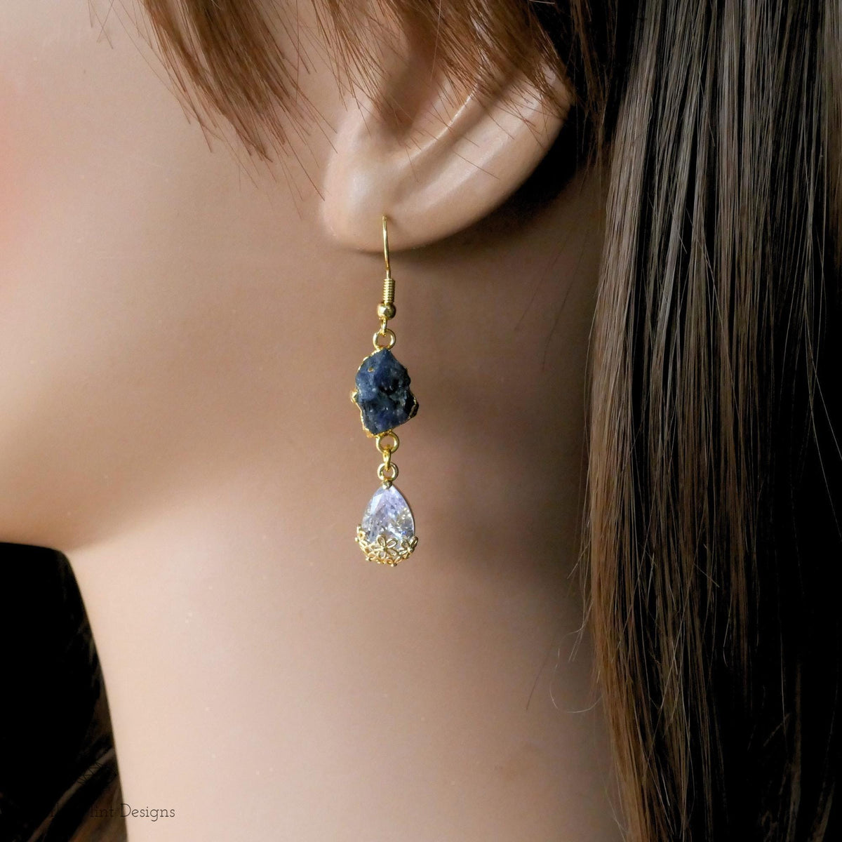 Sapphire Raw Stone Earrings with CZ, 18K Gold Birthstone Jewelry, Raw Stone Earrings, Chakra, Sensitive Ear & Clip-On Options