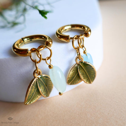 Aquamarine Leaf Earrings, Gold Huggie Hoops, Double Leaf and Gemstone Dangle, Botanical Jewelry, , Nature Inspired