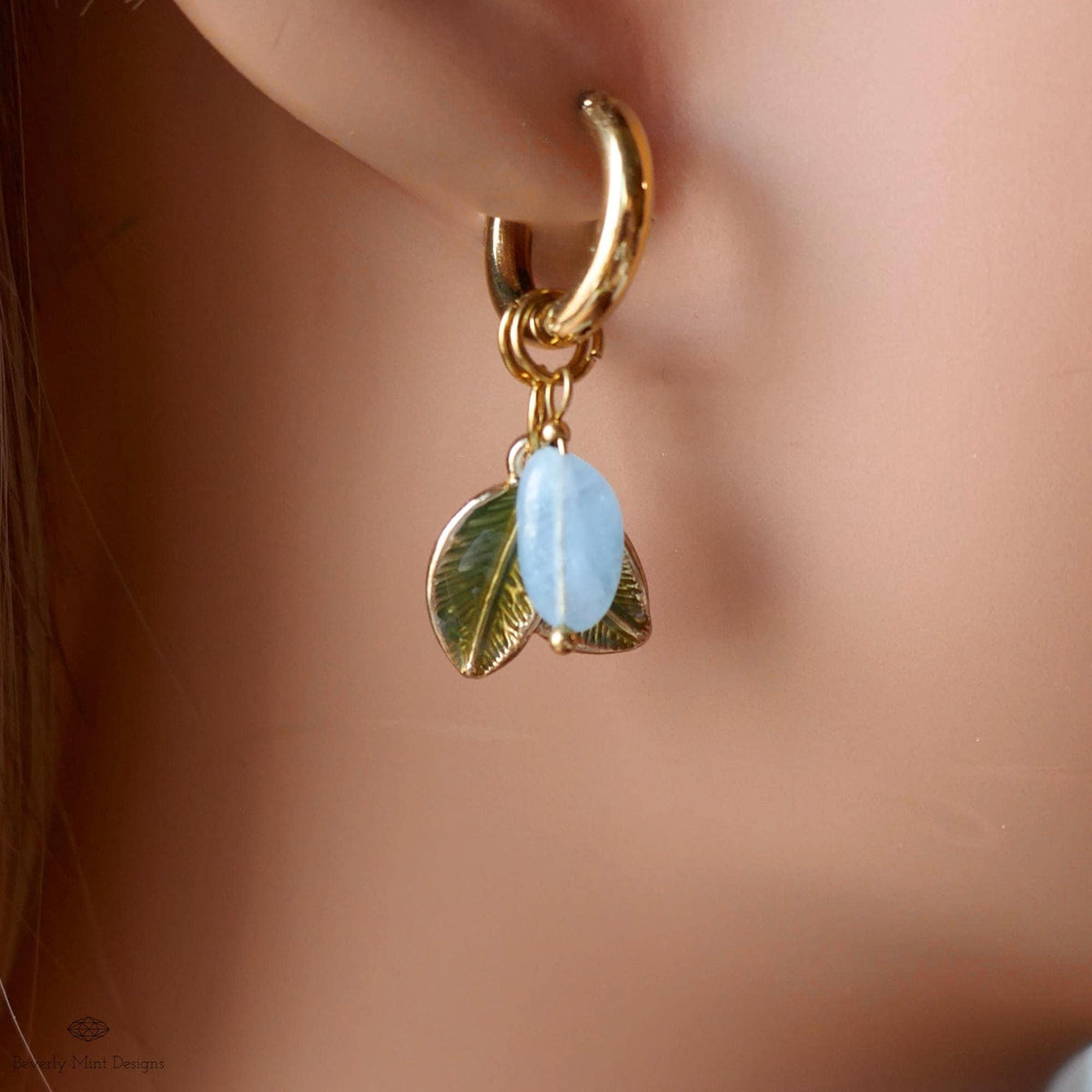 Aquamarine Leaf Earrings, Gold Huggie Hoops, Double Leaf and Gemstone Dangle, Botanical Jewelry, , Nature Inspired