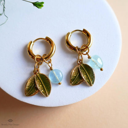 Aquamarine Leaf Earrings, Gold Huggie Hoops, Double Leaf and Gemstone Dangle, Botanical Jewelry, , Nature Inspired