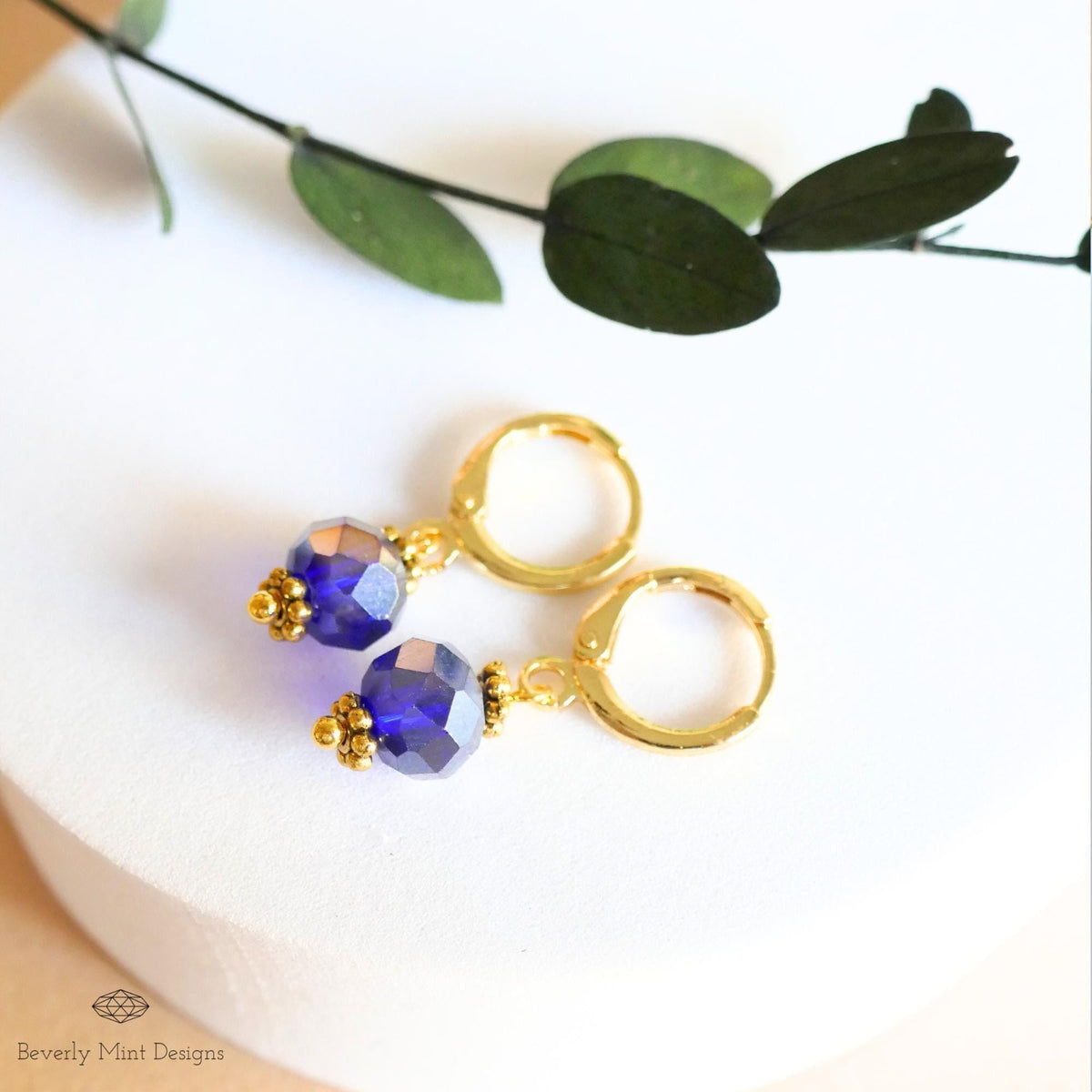 Gold Hoop Earrings with Dark Blue Beads ,Handmade Dangle Earrings, Elegant Jewelry for Women, Sensitive Ear & Clip-On Options