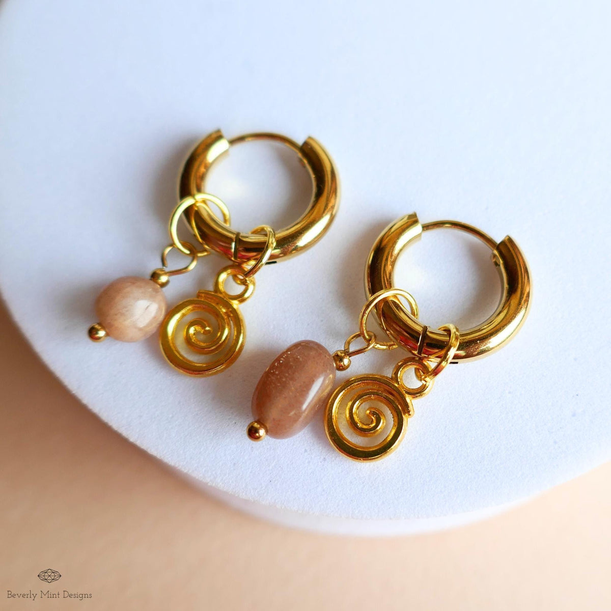 Sunstone Earrings, Gold Spiral Charm Hoops, Dainty Gemstone Earrings, Symbolic Jewelry for Her, Boho Gift Earrings