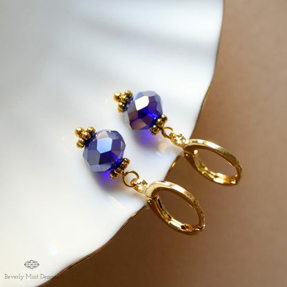 Gold Hoop Earrings with Dark Blue Beads ,Handmade Dangle Earrings, Elegant Jewelry for Women, Sensitive Ear & Clip-On Options