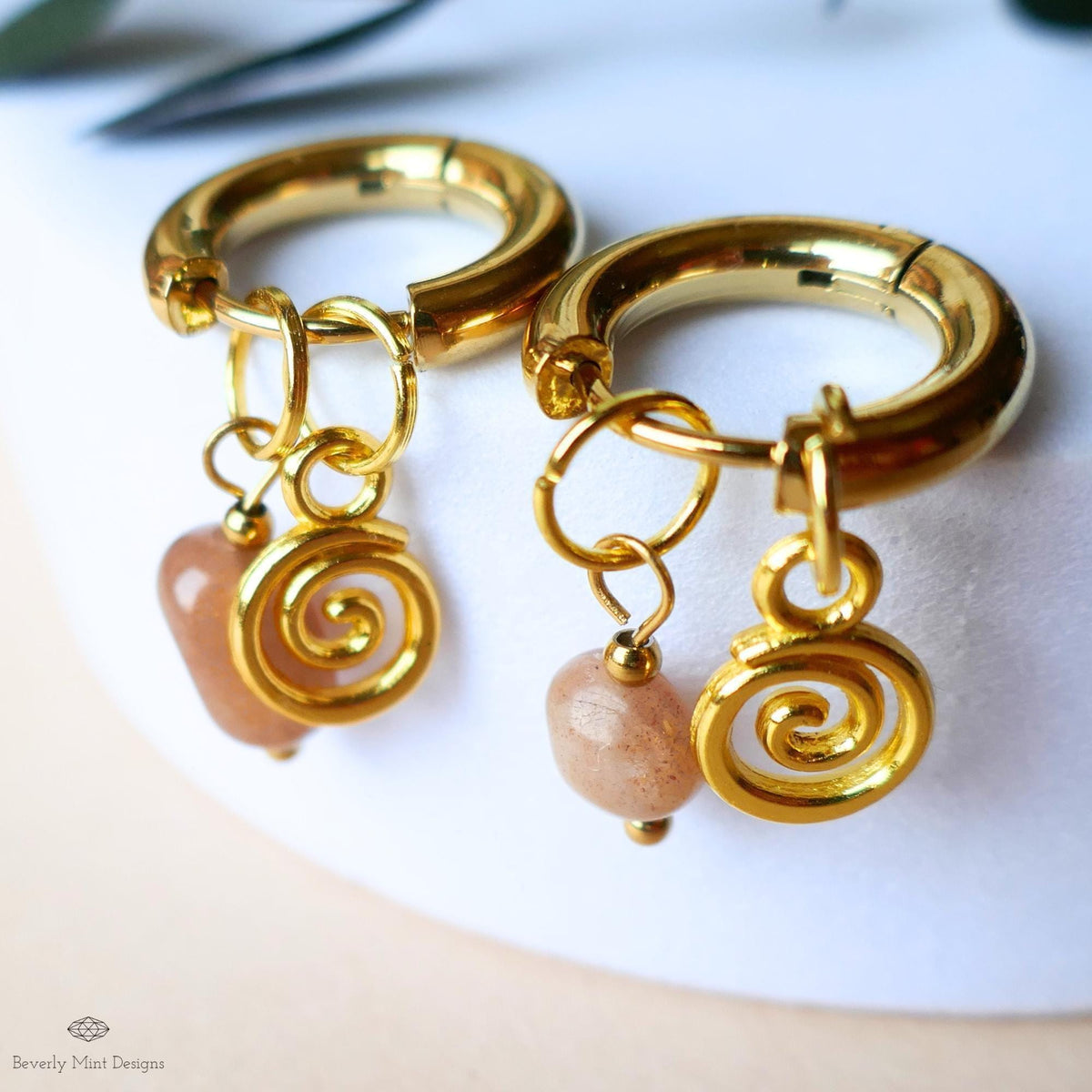 Sunstone Earrings, Gold Spiral Charm Hoops, Dainty Gemstone Earrings, Symbolic Jewelry for Her, Boho Gift Earrings