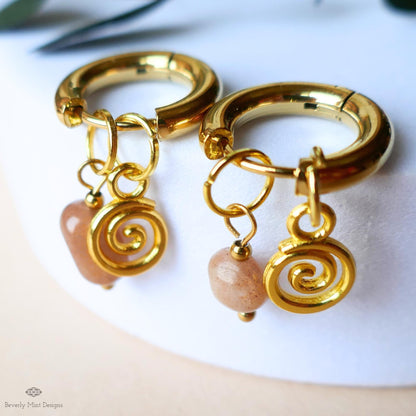 Sunstone Earrings, Gold Spiral Charm Hoops, Dainty Gemstone Earrings, Symbolic Jewelry for Her, Boho Gift Earrings