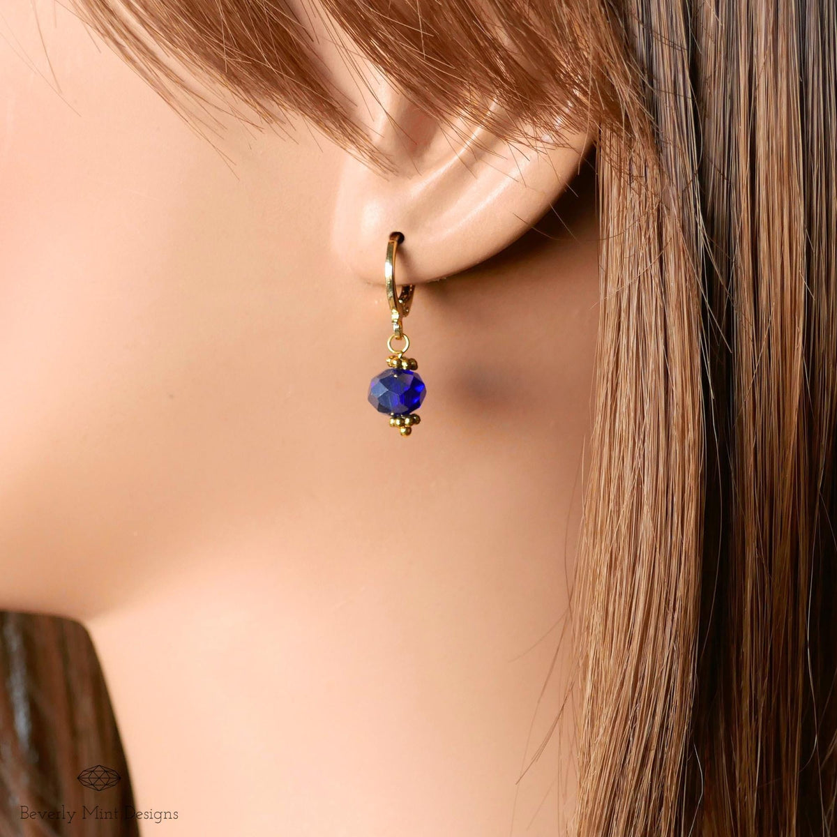 Gold Hoop Earrings with Dark Blue Beads ,Handmade Dangle Earrings, Elegant Jewelry for Women, Sensitive Ear & Clip-On Options