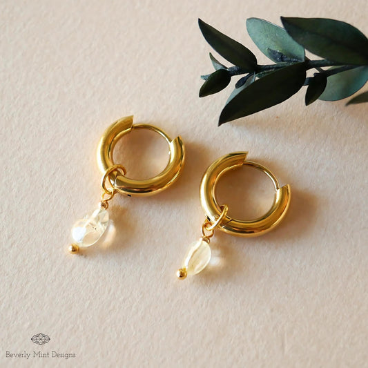 18K Gold Tiny Natural Stone Earrings, White Crystal Stone Earrings, Minimalist Dangle Earrings