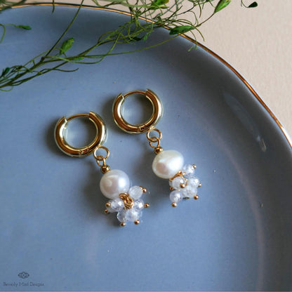 Gold Hoop Cluster Earrings, Pearl and Crystal Drop Earrings, Dainty Bridal Jewelry, Elegant Wedding Earrings, Minimalist