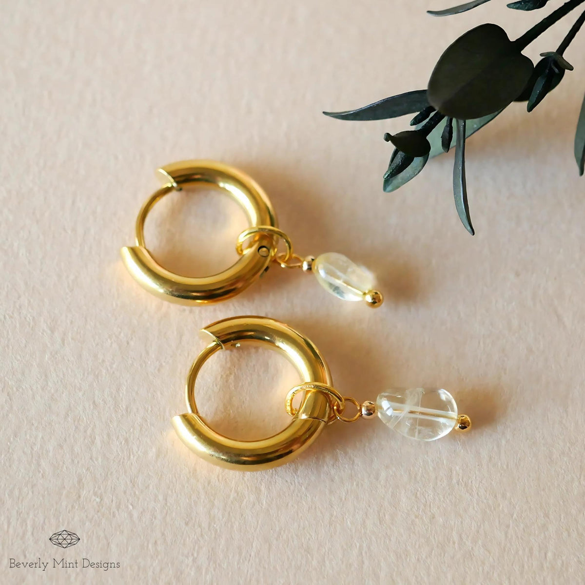 18K Gold Tiny Natural Stone Earrings, White Crystal Stone Earrings, Minimalist Dangle Earrings