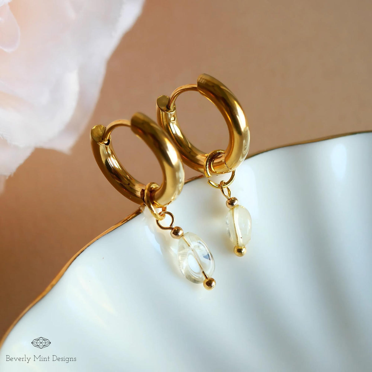 18K Gold Tiny Natural Stone Earrings, White Crystal Stone Earrings, Minimalist Dangle Earrings