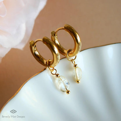 18K Gold Tiny Natural Stone Earrings, White Crystal Stone Earrings, Minimalist Dangle Earrings