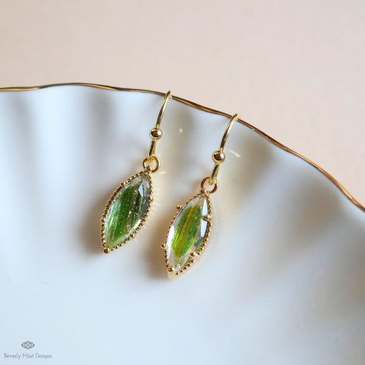 Green Drop Earrings Marquise Dangle Earrings Gold Hook Earrings Sparkly Minimal Jewelry Romantic, Sensitive Ear & Clip-On Options