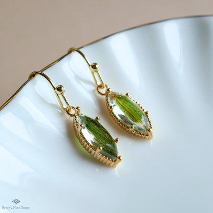 Green Drop Earrings Marquise Dangle Earrings Gold Hook Earrings Sparkly Minimal Jewelry Romantic, Sensitive Ear & Clip-On Options
