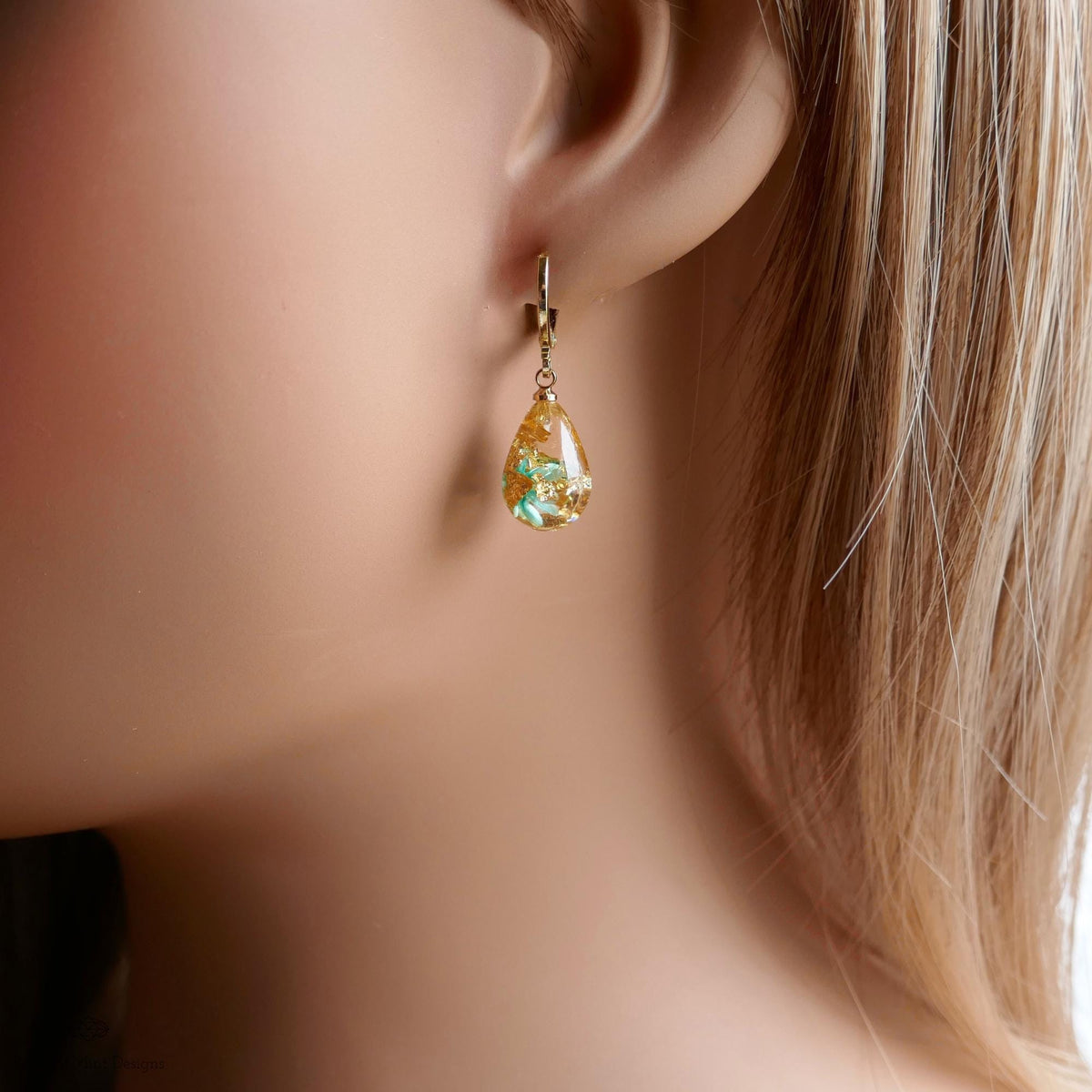 Pressed Flower Resin Earrings, Green Floral Drop Earrings, Gold Flake Jewelry, Nature Inspired Jewelry, Sensitive Ear & Clip-On Options