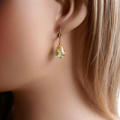 Pressed Flower Resin Earrings, Green Floral Drop Earrings, Gold Flake Jewelry, Nature Inspired Jewelry, Sensitive Ear & Clip-On Options