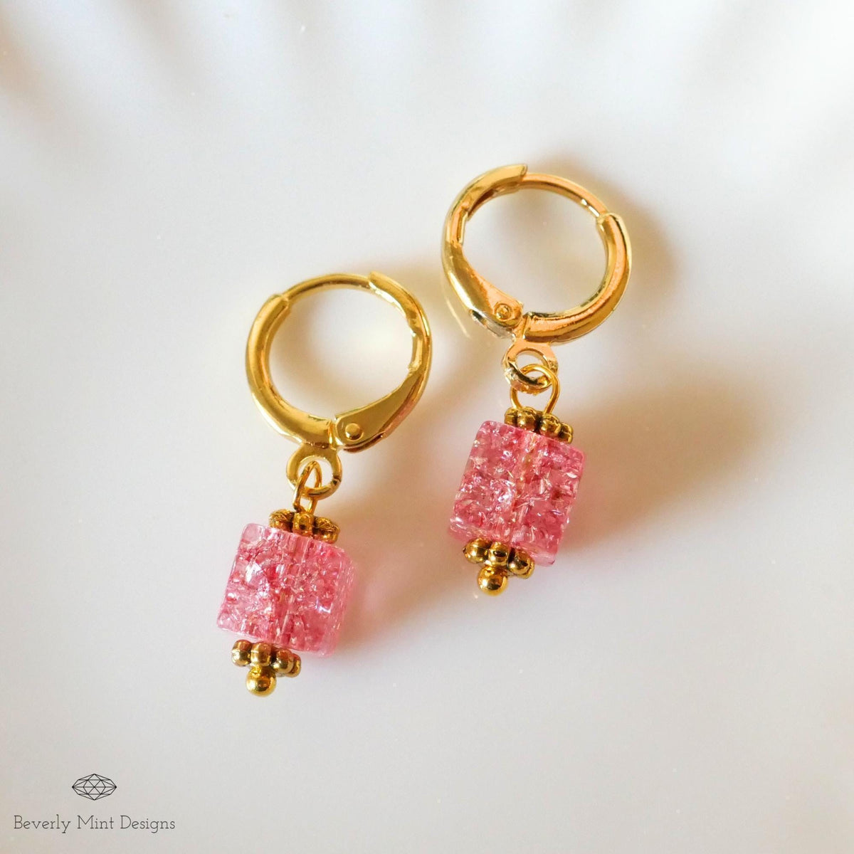 Gold Hoop Earrings, Red Pink Cubic Bead Earrings, Dangle Earrings, Minimalist Earrings, Light Weight, Sensitive Ear & Clip-On Options