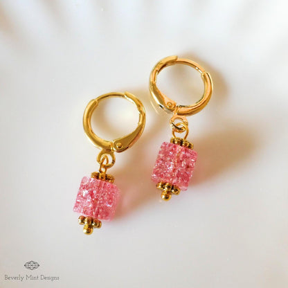 Gold Hoop Earrings, Red Pink Cubic Bead Earrings, Dangle Earrings, Minimalist Earrings, Light Weight, Sensitive Ear & Clip-On Options