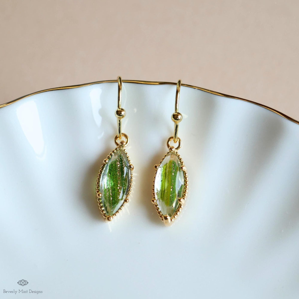 Green Drop Earrings Marquise Dangle Earrings Gold Hook Earrings Sparkly Minimal Jewelry Romantic, Sensitive Ear & Clip-On Options