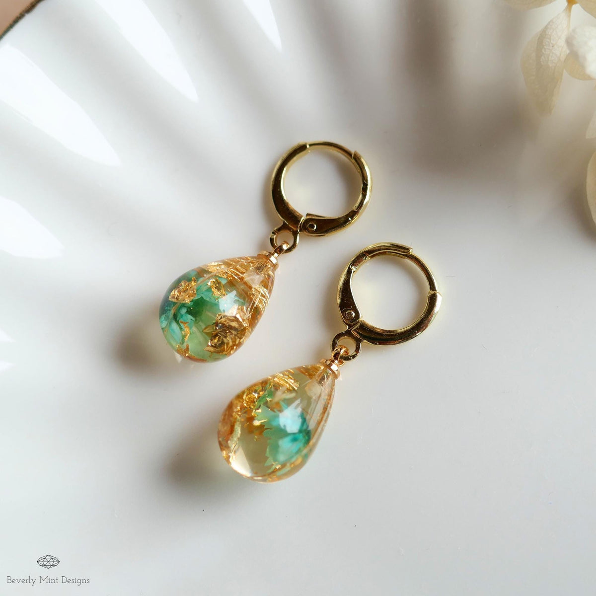 Pressed Flower Resin Earrings, Green Floral Drop Earrings, Gold Flake Jewelry, Nature Inspired Jewelry, Sensitive Ear & Clip-On Options