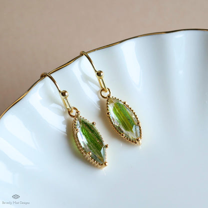 Green Drop Earrings Marquise Dangle Earrings Gold Hook Earrings Sparkly Minimal Jewelry Romantic, Sensitive Ear & Clip-On Options