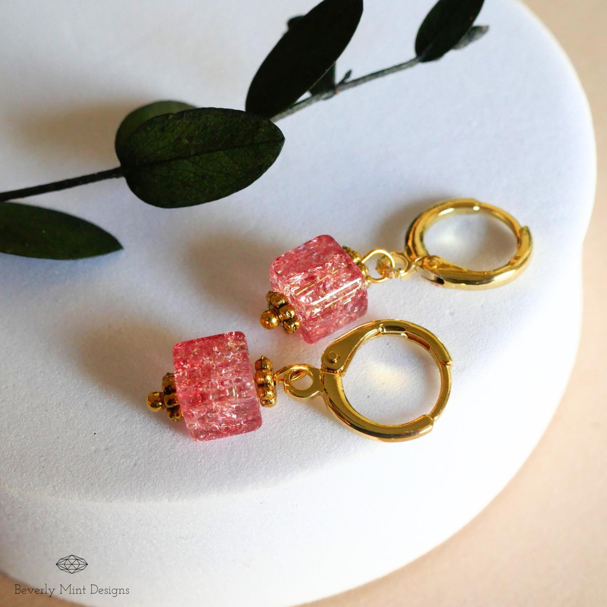 Gold Hoop Earrings, Red Pink Cubic Bead Earrings, Dangle Earrings, Minimalist Earrings, Light Weight, Sensitive Ear & Clip-On Options