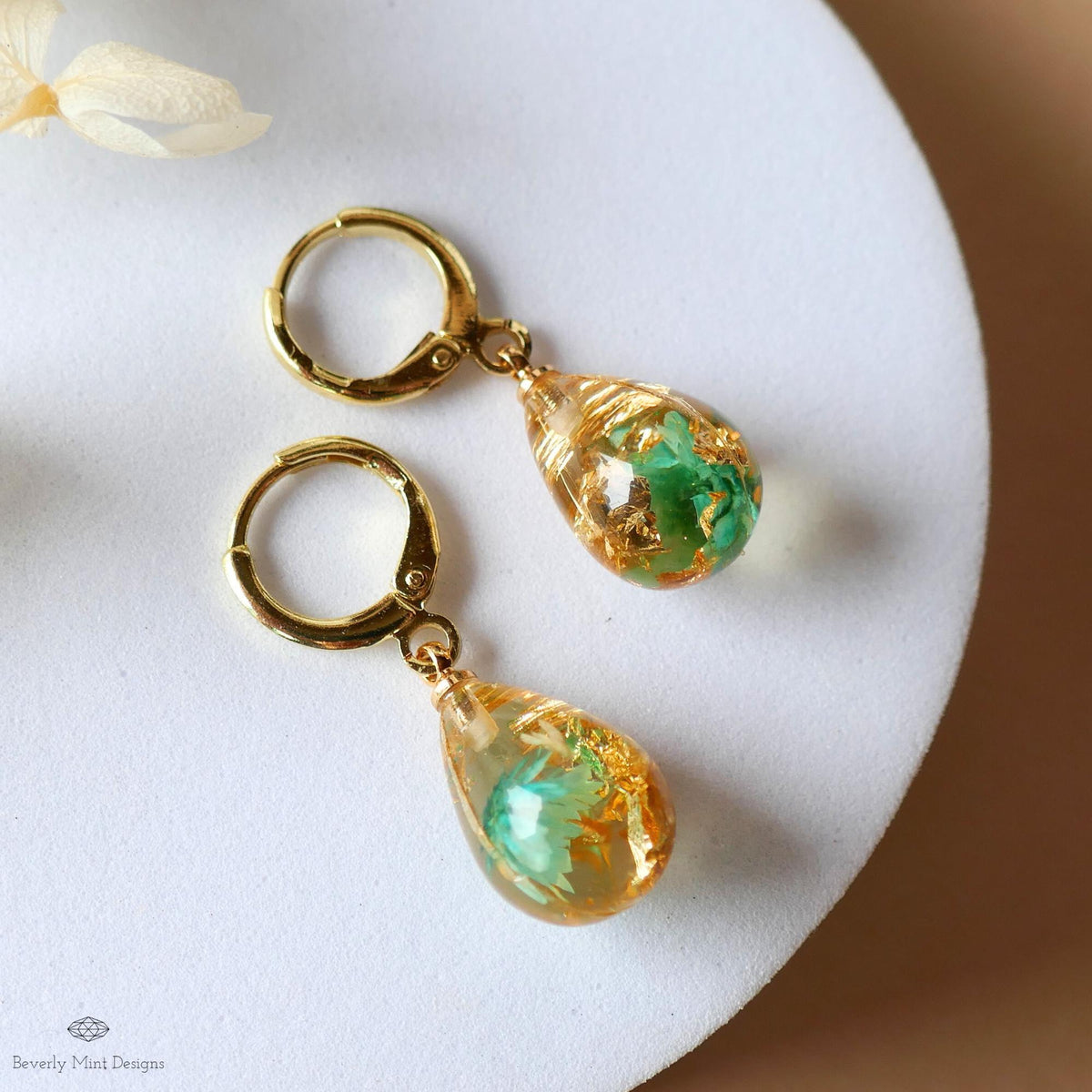 Pressed Flower Resin Earrings, Green Floral Drop Earrings, Gold Flake Jewelry, Nature Inspired Jewelry, Sensitive Ear & Clip-On Options