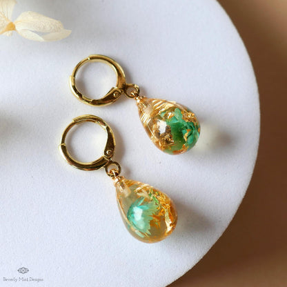 Pressed Flower Resin Earrings, Green Floral Drop Earrings, Gold Flake Jewelry, Nature Inspired Jewelry, Sensitive Ear & Clip-On Options