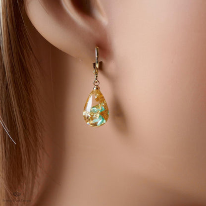 Pressed Flower Resin Earrings, Green Floral Drop Earrings, Gold Flake Jewelry, Nature Inspired Jewelry, Sensitive Ear & Clip-On Options