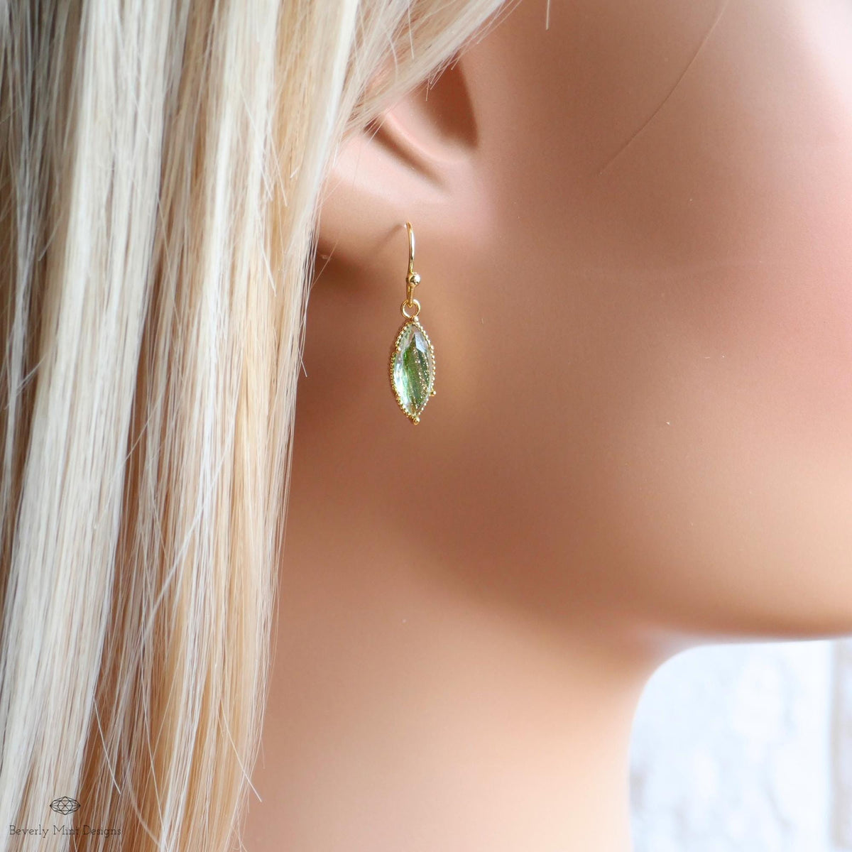 Green Drop Earrings Marquise Dangle Earrings Gold Hook Earrings Sparkly Minimal Jewelry Romantic, Sensitive Ear & Clip-On Options
