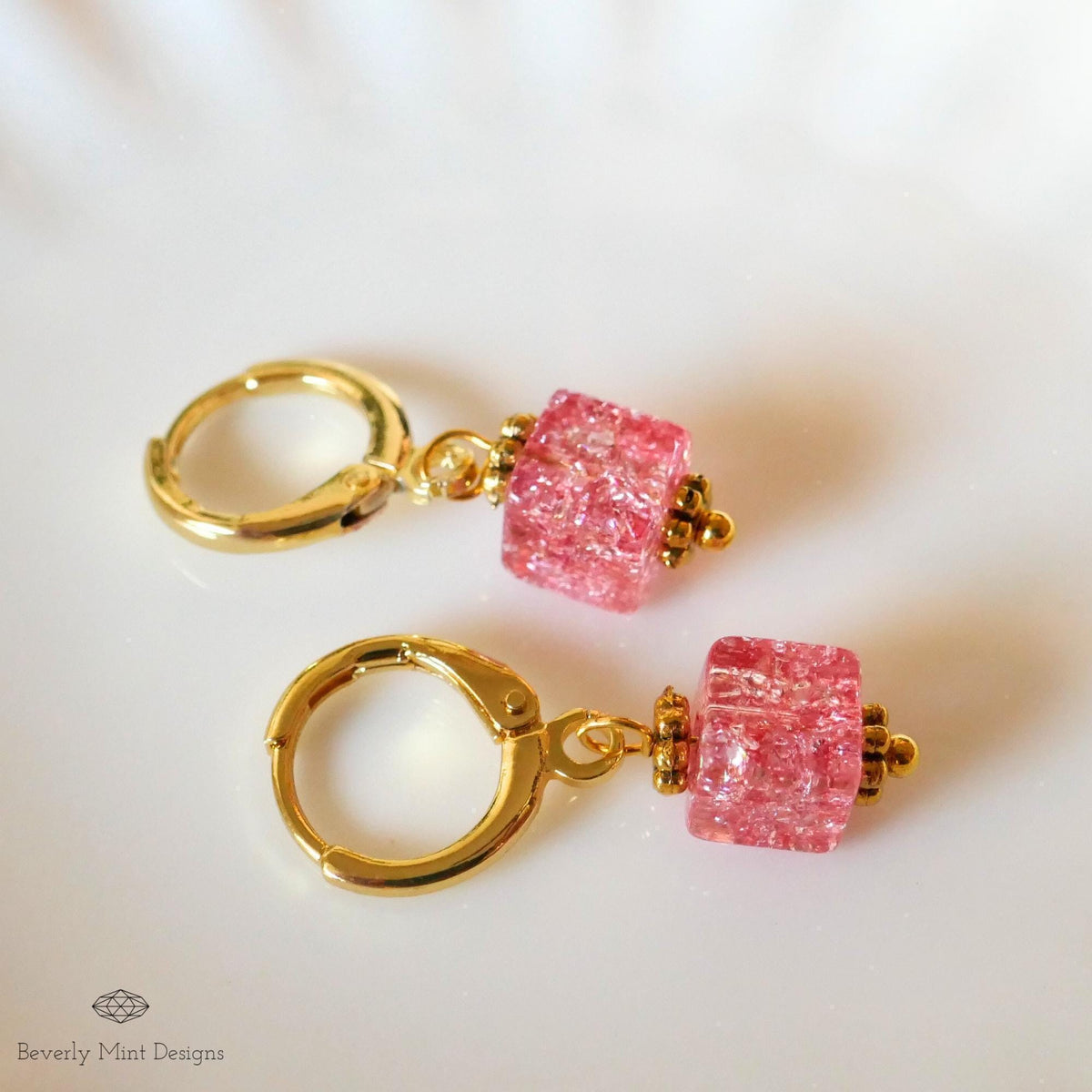 Gold Hoop Earrings, Red Pink Cubic Bead Earrings, Dangle Earrings, Minimalist Earrings, Light Weight, Sensitive Ear & Clip-On Options