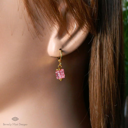 Gold Hoop Earrings, Red Pink Cubic Bead Earrings, Dangle Earrings, Minimalist Earrings, Light Weight, Sensitive Ear & Clip-On Options