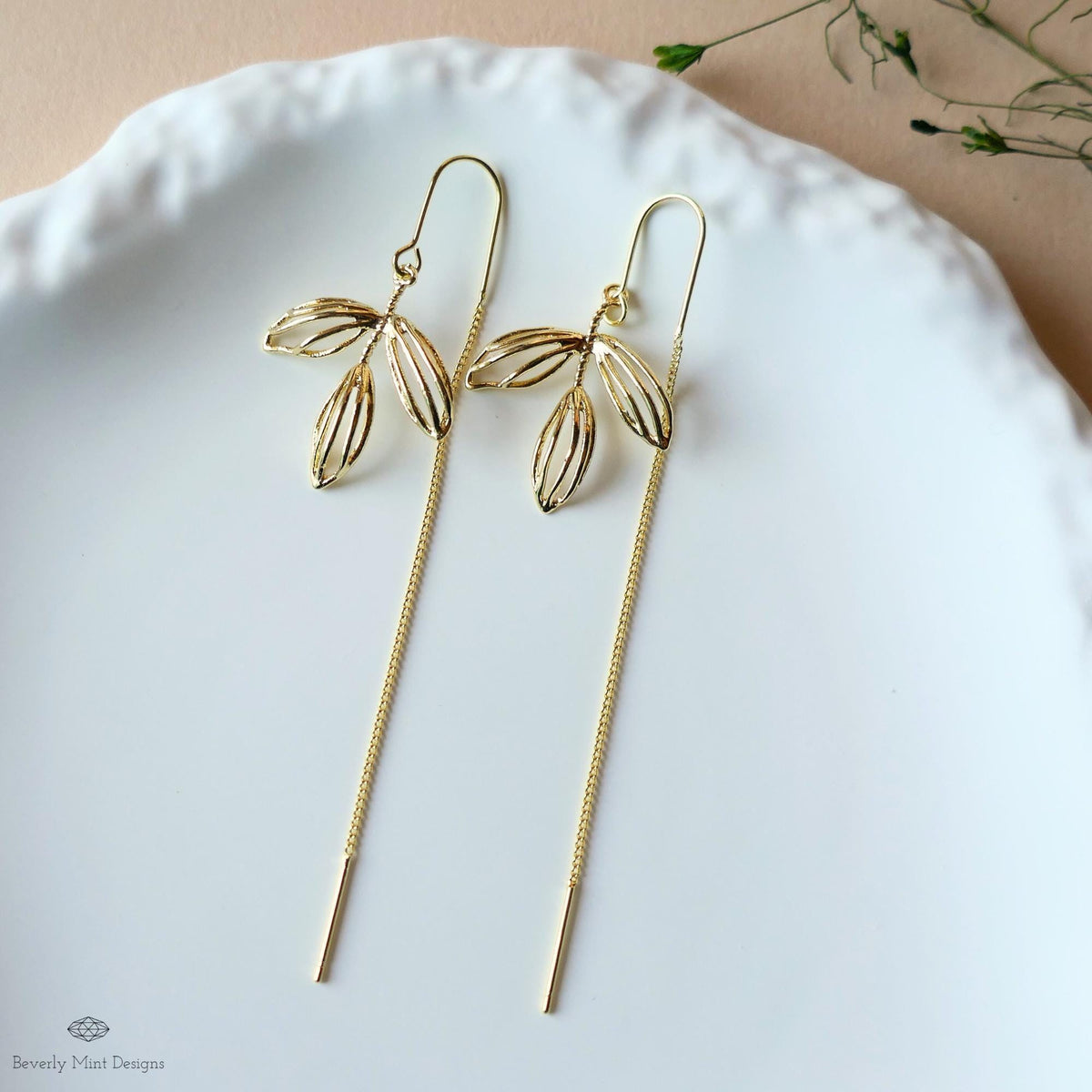 Gold Leaf Threader Earrings, Long Dangle Earrings, Lightweight Botanical Jewelry, Minimalist Drop Earrings, Sensitive Ear & Clip-On Options