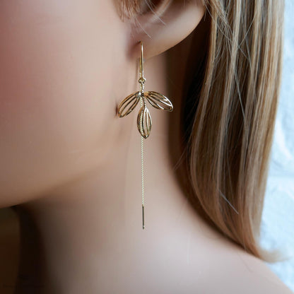 Gold Leaf Threader Earrings, Long Dangle Earrings, Lightweight Botanical Jewelry, Minimalist Drop Earrings, Sensitive Ear & Clip-On Options