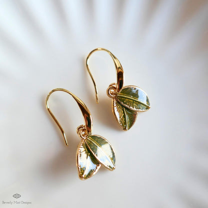 Green Leaf Earrings, Gold Botanical Dangle, Double Leaf Hook Earrings, Nature Inspired Jewelry, Garden, Sensitive Ear & Clip-On Options