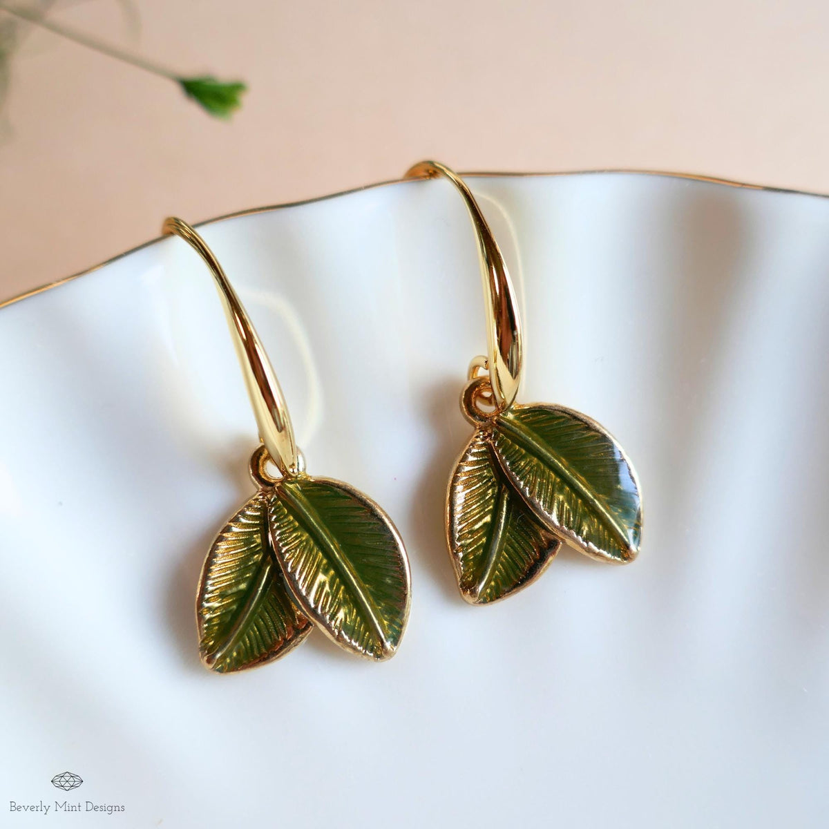 Green Leaf Earrings, Gold Botanical Dangle, Double Leaf Hook Earrings, Nature Inspired Jewelry, Garden, Sensitive Ear & Clip-On Options