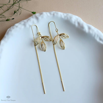 Gold Leaf Threader Earrings, Long Dangle Earrings, Lightweight Botanical Jewelry, Minimalist Drop Earrings, Sensitive Ear & Clip-On Options