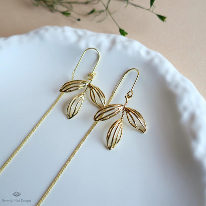 Gold Leaf Threader Earrings, Long Dangle Earrings, Lightweight Botanical Jewelry, Minimalist Drop Earrings, Sensitive Ear & Clip-On Options