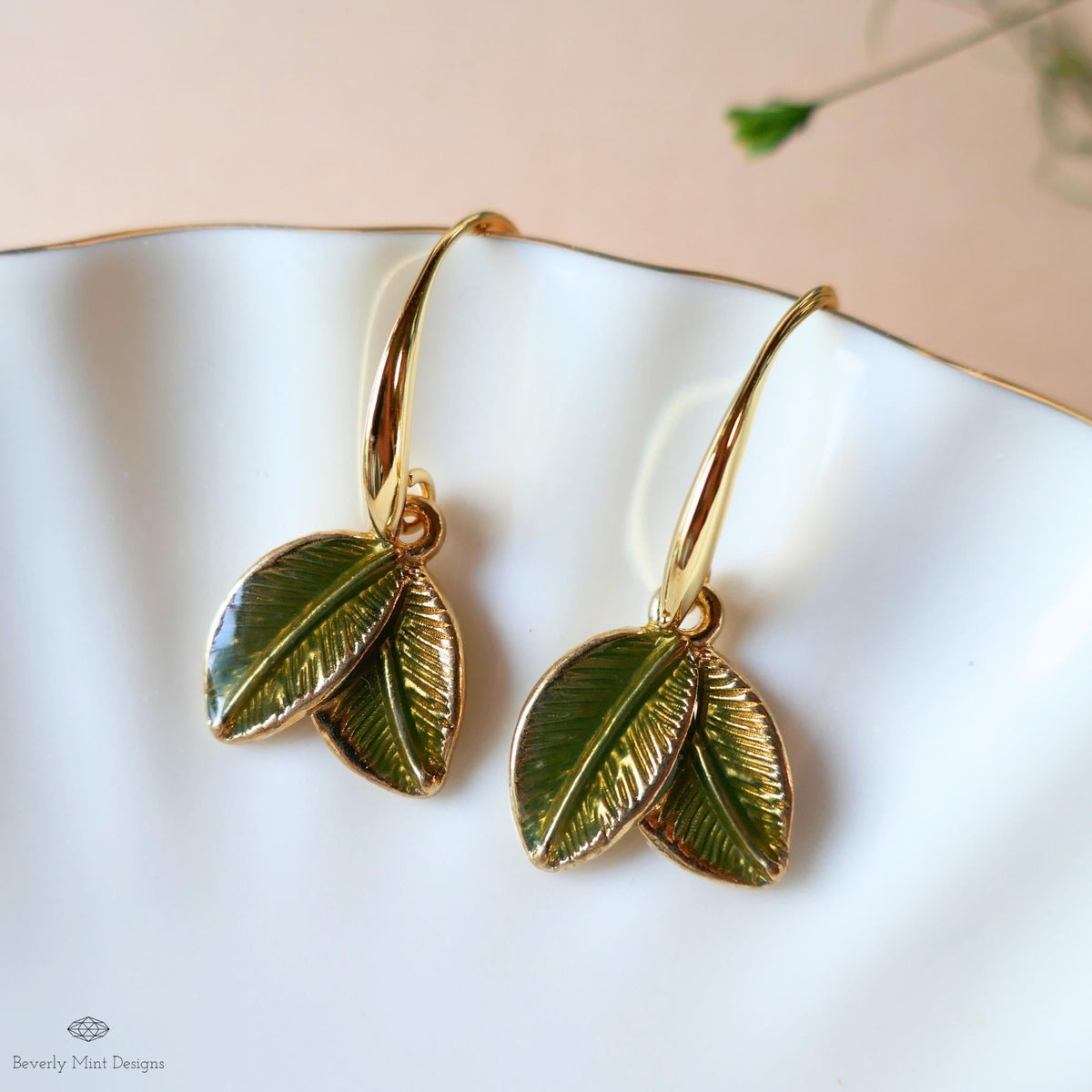 Green Leaf Earrings, Gold Botanical Dangle, Double Leaf Hook Earrings, Nature Inspired Jewelry, Garden, Sensitive Ear & Clip-On Options