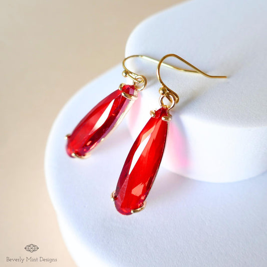 Red Drop Earrings ,Faceted Red Stone Earrings, Gold Dangle Earrings for Special Occasions, Sensitive Ear & Clip-On Options
