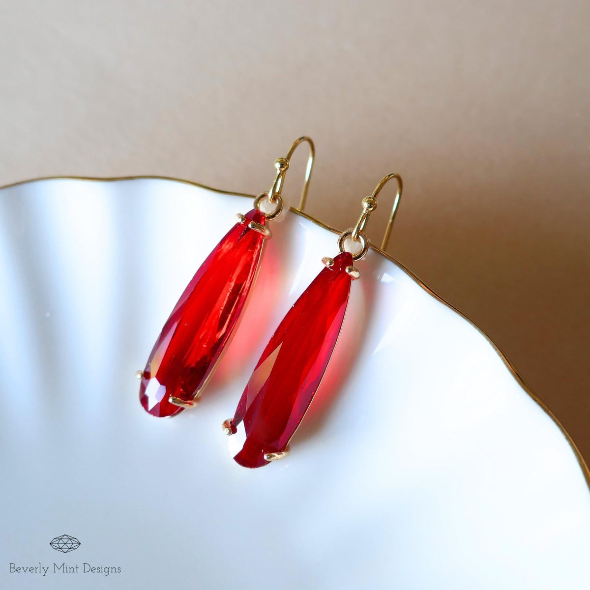 Red Drop Earrings ,Faceted Red Stone Earrings, Gold Dangle Earrings for Special Occasions, Sensitive Ear & Clip-On Options