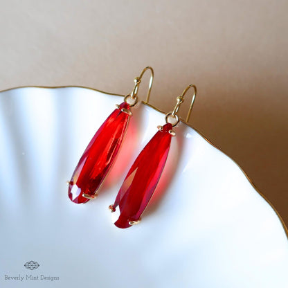 Red Drop Earrings ,Faceted Red Stone Earrings, Gold Dangle Earrings for Special Occasions, Sensitive Ear & Clip-On Options