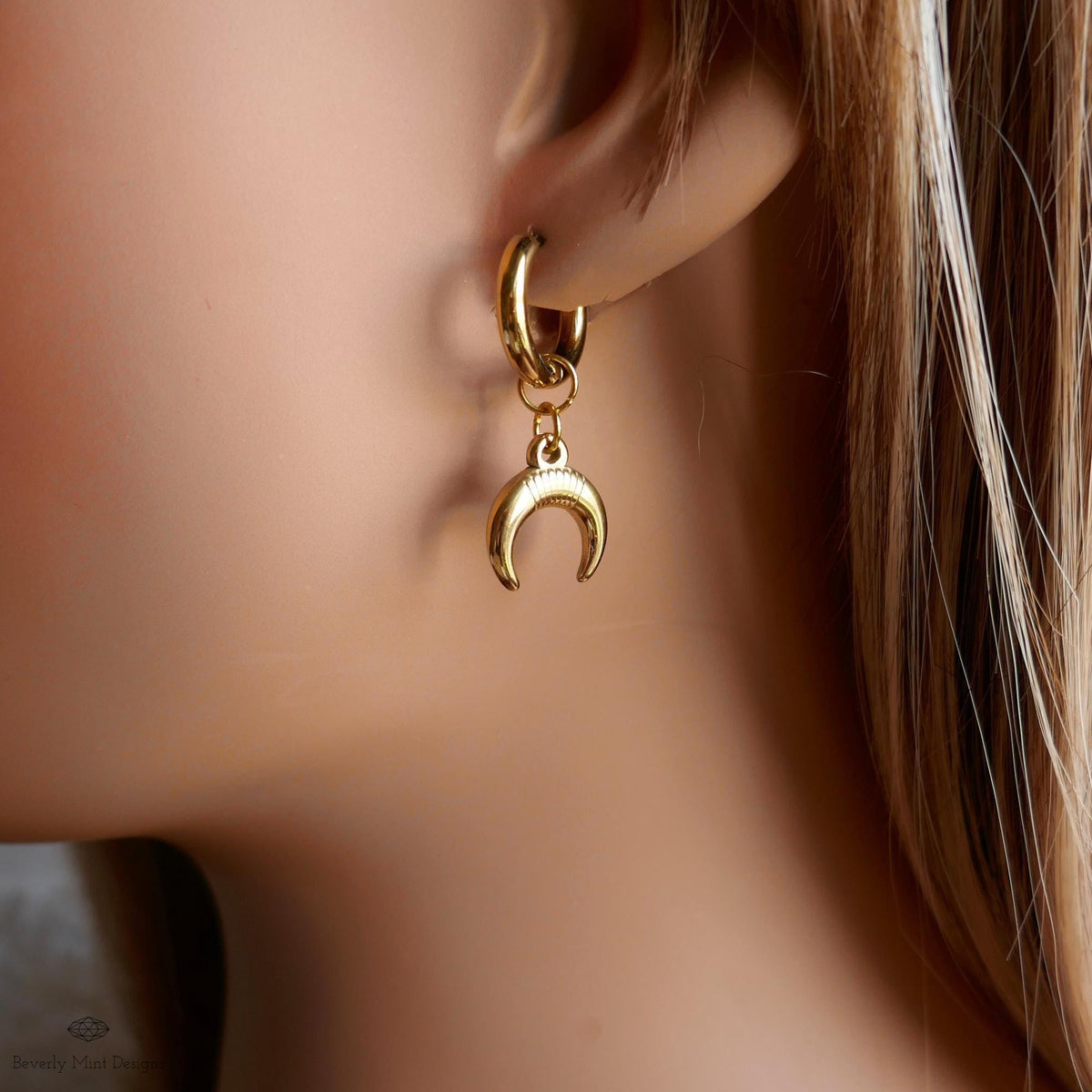 Gold Crescent Moon Hoop Earrings , Celestial Boho Earrings, Lunar Dangle Hoops, Witchy Gold Jewelry