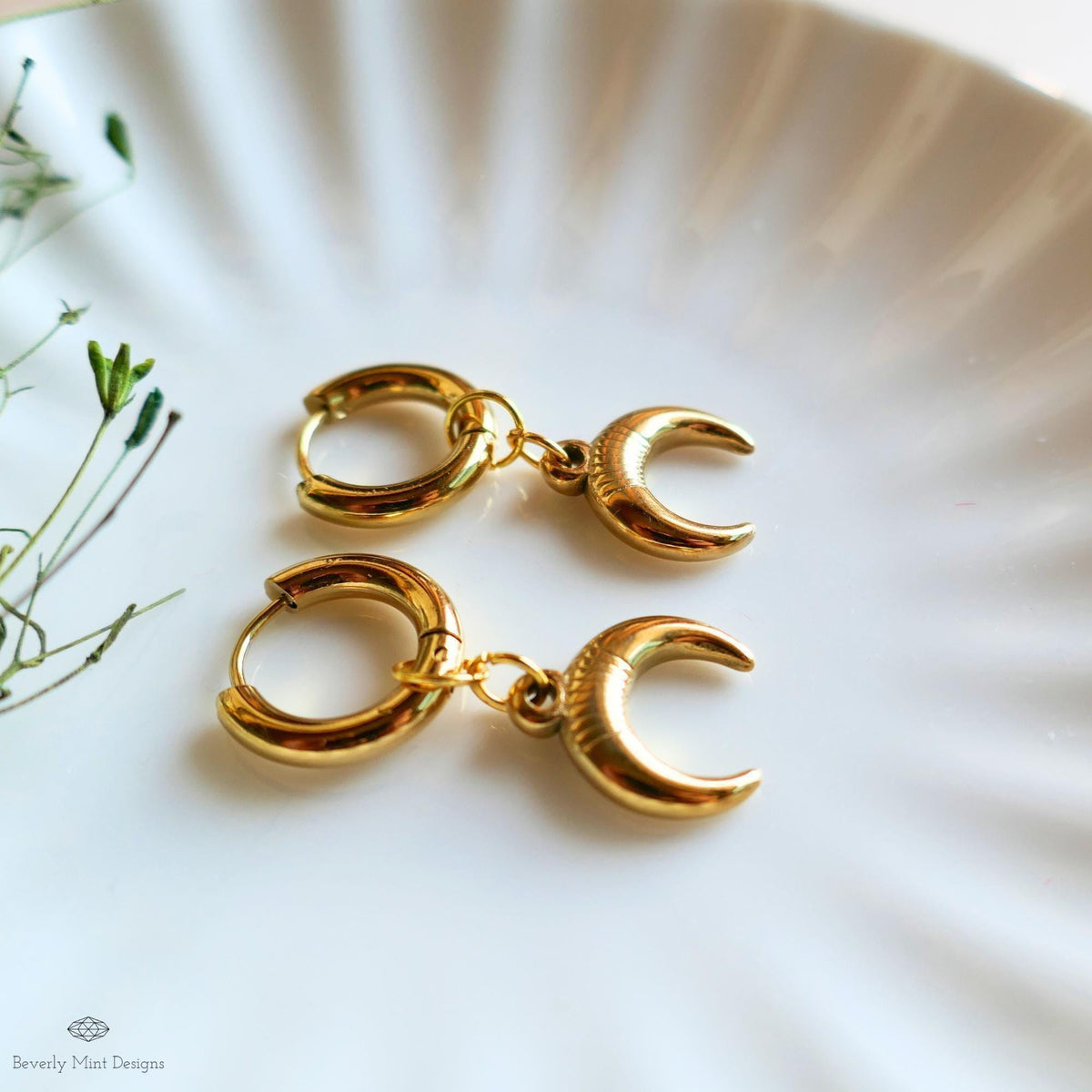 Gold Crescent Moon Hoop Earrings , Celestial Boho Earrings, Lunar Dangle Hoops, Witchy Gold Jewelry