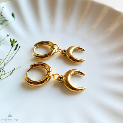 Gold Crescent Moon Hoop Earrings , Celestial Boho Earrings, Lunar Dangle Hoops, Witchy Gold Jewelry