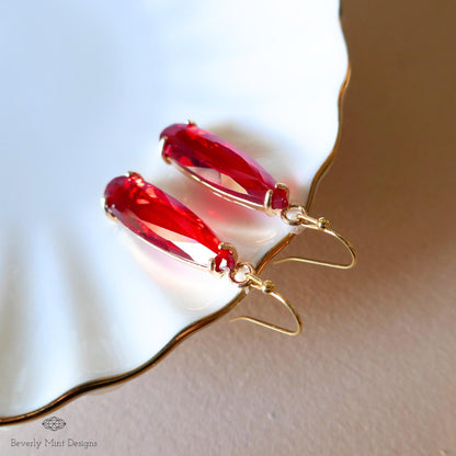 Red Drop Earrings ,Faceted Red Stone Earrings, Gold Dangle Earrings for Special Occasions, Sensitive Ear & Clip-On Options
