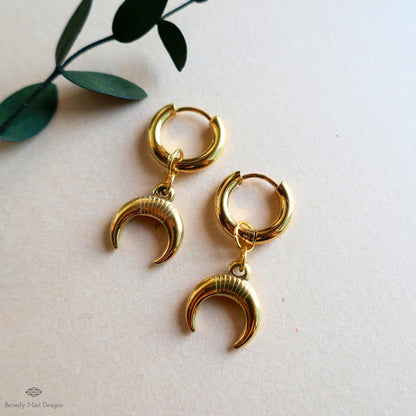 Gold Crescent Moon Hoop Earrings , Celestial Boho Earrings, Lunar Dangle Hoops, Witchy Gold Jewelry
