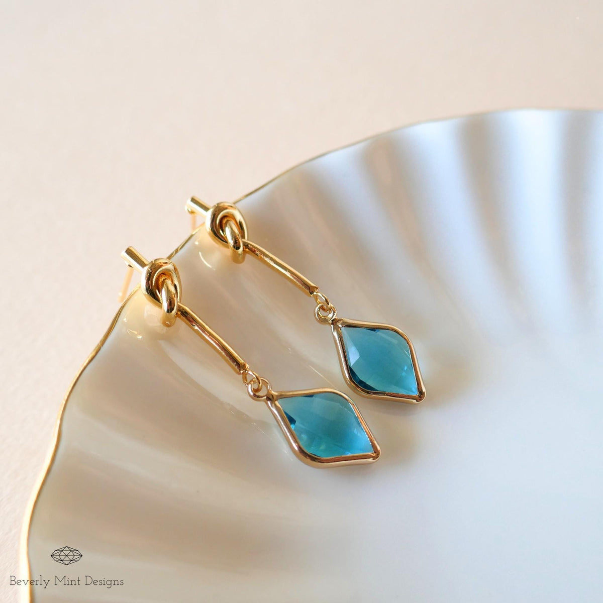 Blue Crystal Knot Drop Earrings , Gold Minimalist Dangle Earrings , Unique Handmade Jewelry for Women, Sensitive Ear & Clip-On Options